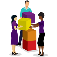 Three people working together stacking boxes
