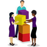 Small group of people working together stacking boxes