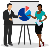 Two People pointing to pie chart