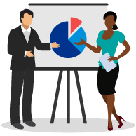 Man and woman pointing to pie chart